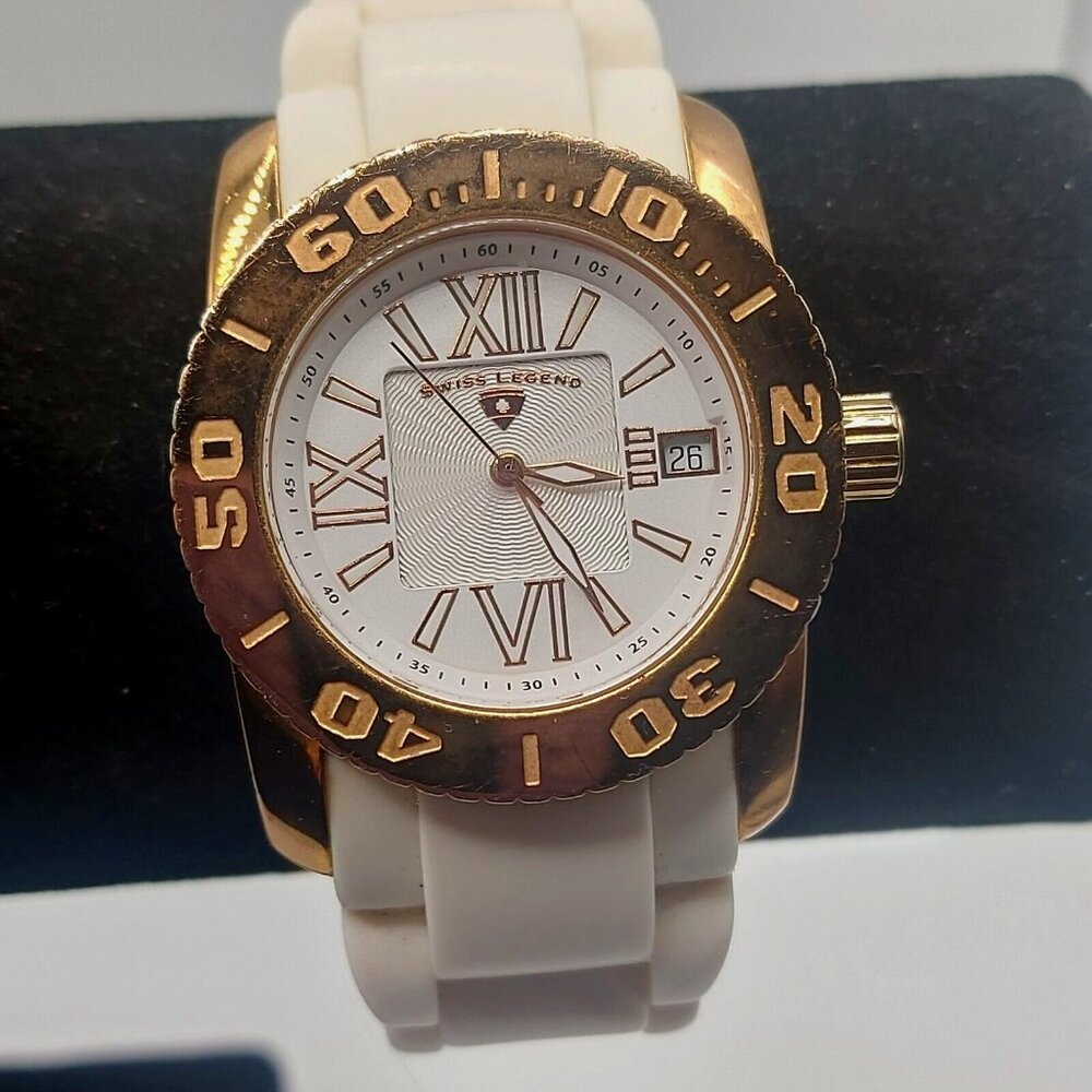 Swiss Legend Commander Saphitek Watch White Rubber Band Gold Bezel Accessory
